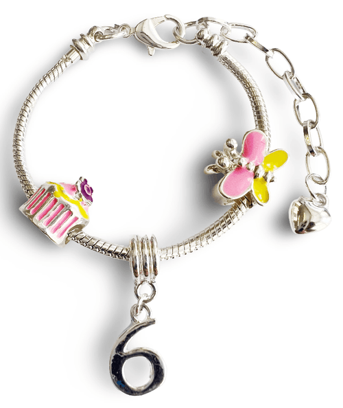 Children's Adjustable 'Happy Birthday To You - Age 6' Silver Plated Charm Bead Bracelet