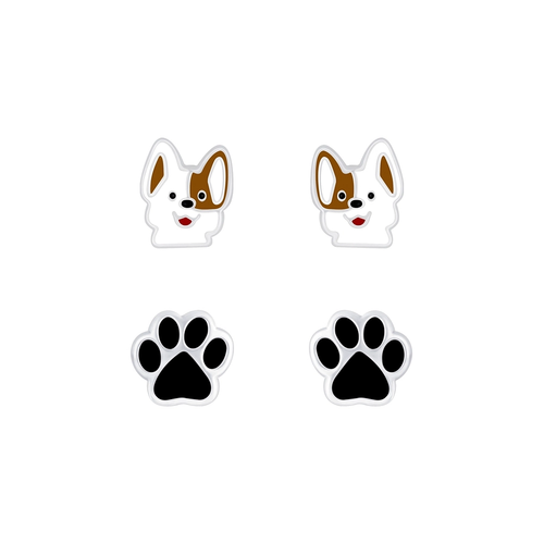 Children's Sterling Silver Set of 2 Pairs of 'Dogs Rule!' Stud Earrings