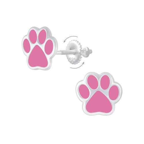 Children's Sterling Silver 'Pink Paw Print' Screw Back Stud Earrings