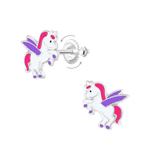 Children's Sterling Silver 'Winged Unicorn' Screw Back Stud Earrings