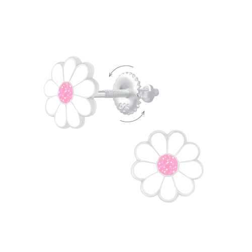 Children's Sterling Silver 'White and Pink Flower' Screw Back Stud Earrings