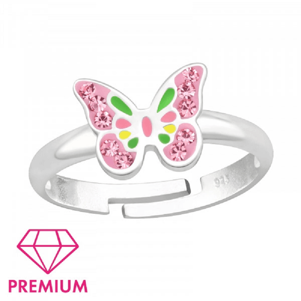 Children's Sterling Silver Adjustable 'Pink Diamante colorful Butterfly' Ring