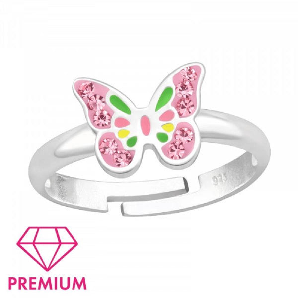Children's Sterling Silver Adjustable 'Pink Diamante colorful Butterfly' Ring