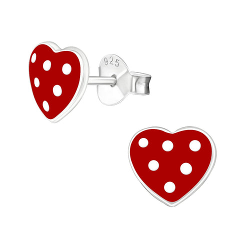 Children's Sterling Silver 'Red Heart with White Spots' Stud Earrings
