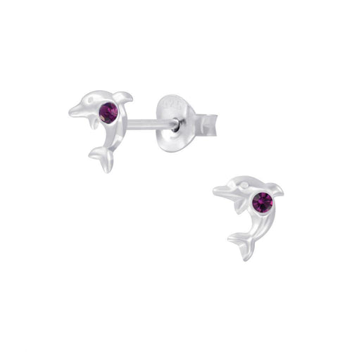 Children's Sterling Silver 'February Birthstone' Dolphin Stud Earrings