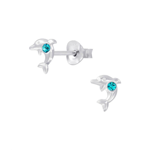 Children's Sterling Silver 'March Birthstone' Dolphin Stud Earrings