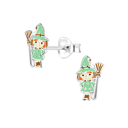 Children's Sterling Silver Halloween Green Witch Stud Earrings