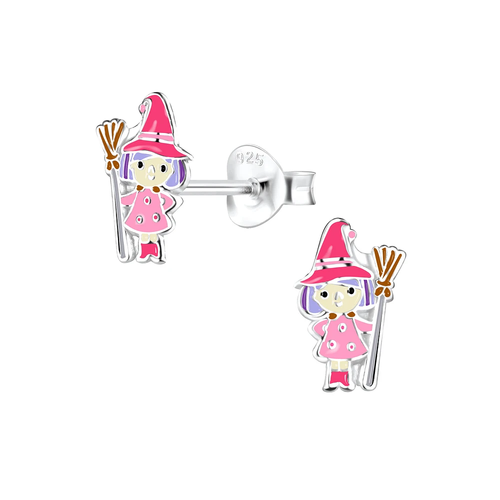 Children's Sterling Silver Halloween Pink Witch Stud Earrings