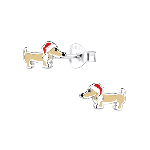 Children's Sterling Silver Christmas Sausage Dog / Dachshund Stud Earrings