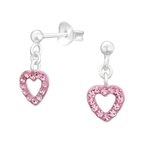 Children's Sterling Silver 'Pink Crystal Drop Open Heart' Stud Earrings
