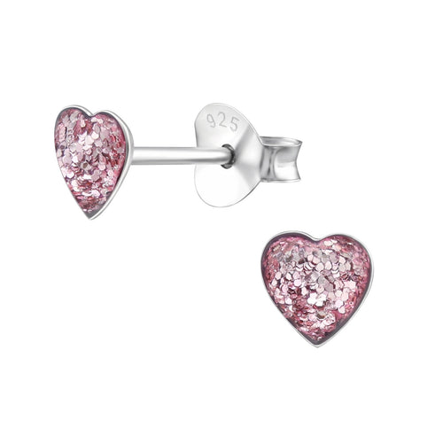 Children's Sterling Silver Purple Glitter Heart Stud Earrings