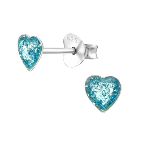 Children's Sterling Silver Blue Glitter Heart Stud Earrings