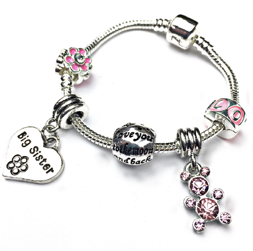 Big Sister Pink Teddy Silver Plated Charm Bracelet Gift