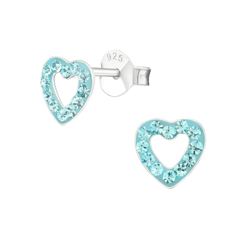 Children's Sterling Silver 'Aqua Blue Crystal Love Heart' Stud Earrings