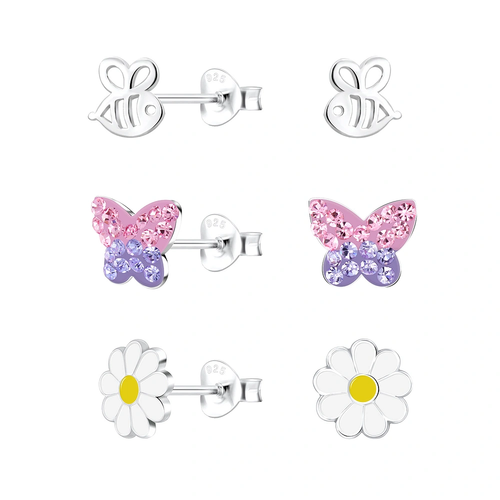 Children's Sterling Silver Set of 3 Pairs of Nature Themed Stud Earrings