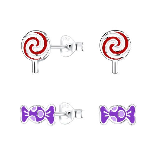 Children's Sterling Silver Set of 2 Pairs of 'Sweet Treats' Themed Stud Earrings