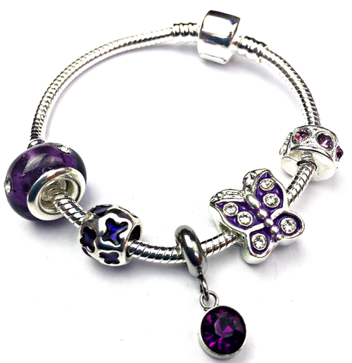 Children's 'February Birthstone' Amethyst Coloured Crystal Silver Plated Charm Bead Bracelet