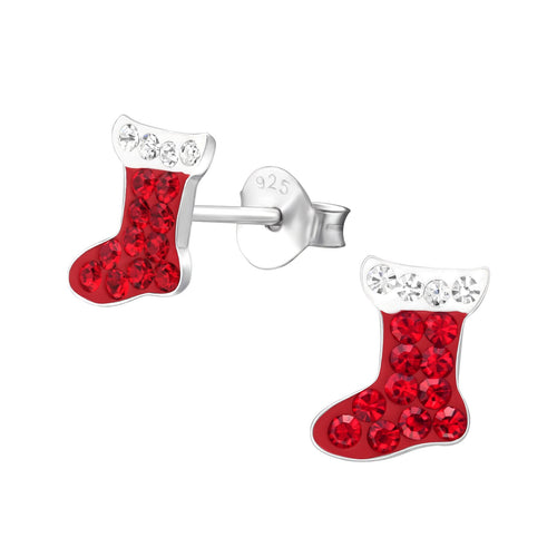 Children's Sterling Silver Christmas Stocking Diamante Stud Earrings