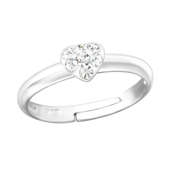 Children's Sterling Silver Adjustable Clear Diamante Heart Ring
