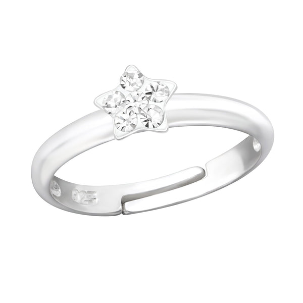 Children's Sterling Silver Adjustable Clear Diamante Star Ring