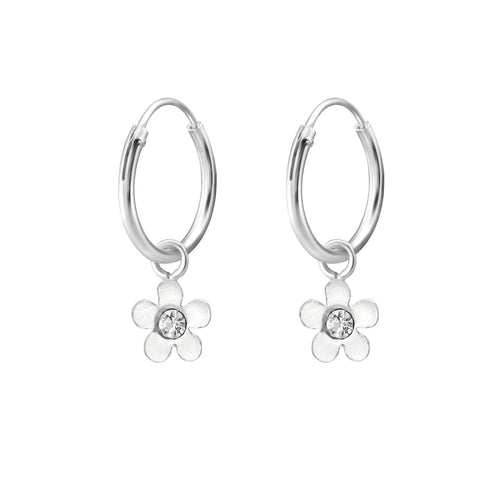 Children's Sterling Silver 'Flower with Crystal' Hoop Earrings