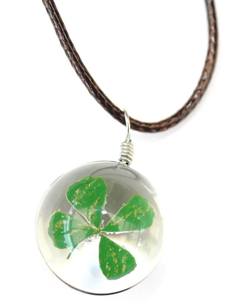 'Good Luck Four Leaf Clover' Pendant Wax Cord Necklace