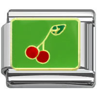 Stainless Steel 9mm Shiny 'Cherries on Green Background' Link for Italian Charm Bracelet