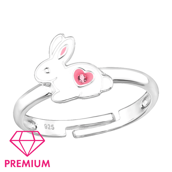 Children's Sterling Silver Adjustable 'White Bunny Rabbit with Pink Crystal Heart' Ring