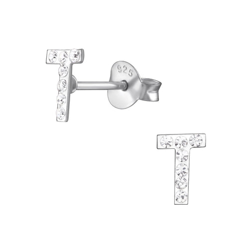 Children's Sterling Silver 'Letter T' Crystal Stud Earrings