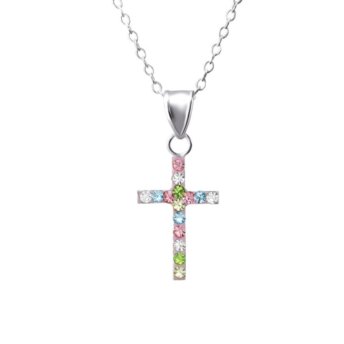 Children's Sterling Silver Multi-Coloured Crystal Cross Necklace