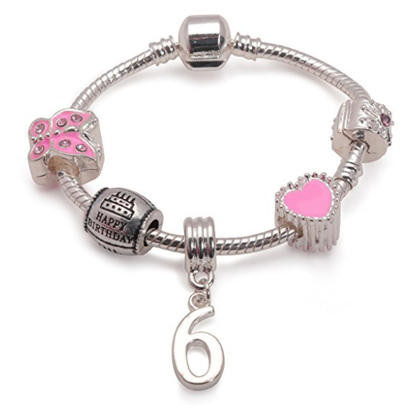 Children s Pink Happy 6th Birthday Silver Plated Charm Bead Bracelet