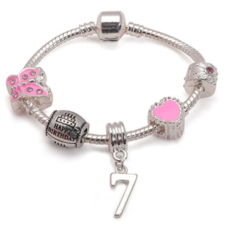 Children's Pink 'Happy 5th Birthday' Silver Plated Charm Bead Bracelet