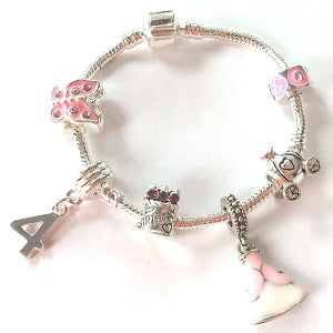Pink Princess 6th Birthday Girls Gift - Silver Plated Charm Bracelet