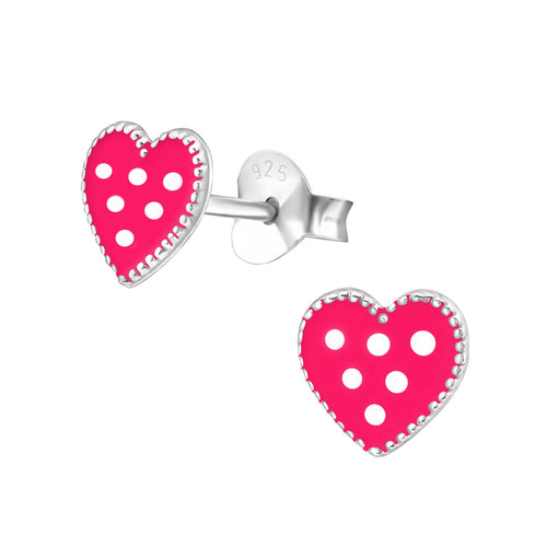 Children's Sterling Silver Polka Dot Pink Heart Stud Earrings