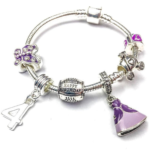 Children's 'Purple Princess 4th Birthday' Silver Plated Charm Bead Bracelet