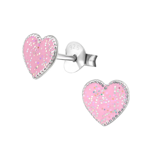 Children's Sterling Silver Pink Glitter Heart Stud Earrings