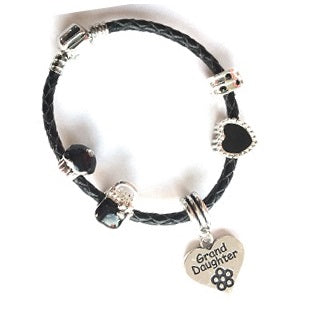 Children's Granddaughter 'Simply Black' Silver Plated Black Leather Charm Bead Bracelet