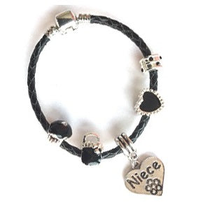 Children's Niece 'Simply Black' Silver Plated Black Leather Charm Bead Bracelet