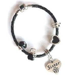 Children's Sister 'Simply Black' Silver Plated Black Leather Charm Bead Bracelet