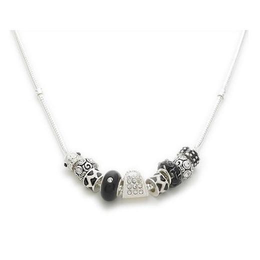Silver Plated 'Midnight Sparkle' Black White Charm Bead Necklace