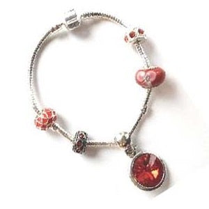 Teenager's 'January Birthstone' Garnet Colored Crystal Silver Plated Charm Bead Bracelet
