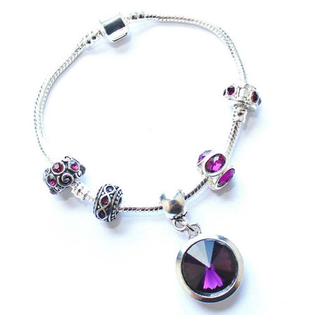 Adult's 'July Birthstone' Ruby Colored Crystal Silver Plated Charm Bead Bracelet