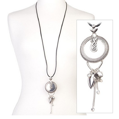 Silver Tone 'Shimmer Heart' Diamante Crystal Tassel Pendant Black Leather Cord Necklace 43cm-50cm