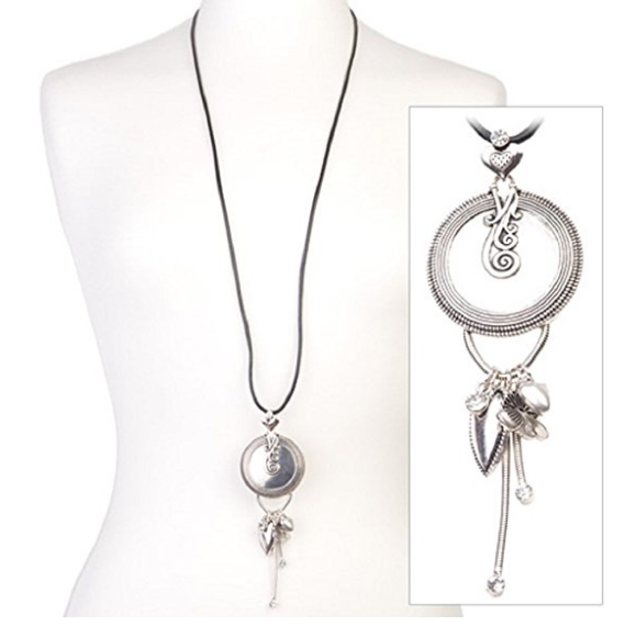 Silver Tone 'Shimmer Heart' Diamante Crystal Tassel Pendant Black Leather Cord Necklace 43cm-50cm