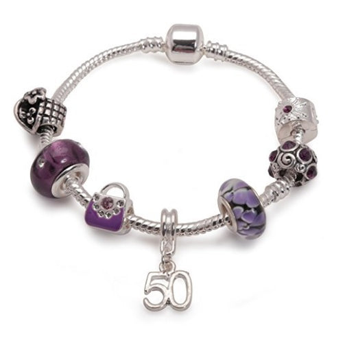 Age 50 'Purple Fleur' Silver Plated Charm Bead Bracelet