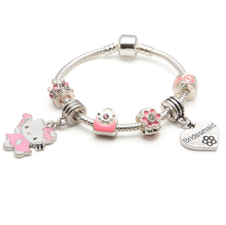 Children's Flower Girl 'Pink Kitty Cat Glamour' Silver Plated Charm Bead Bracelet