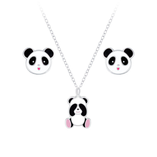 Children's Sterling Silver Panda Pendant Necklace and Panda Stud Earrings Set