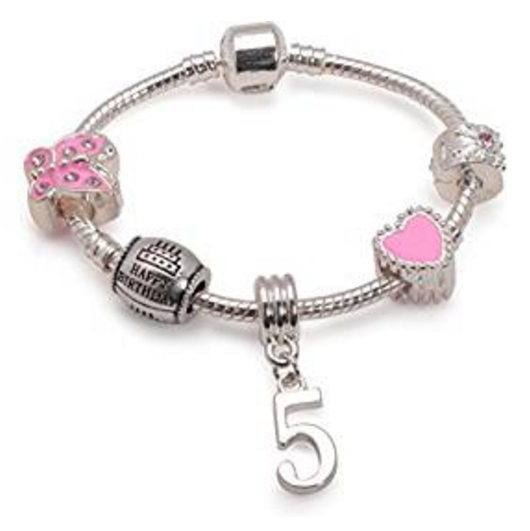 Pink 5th Silver Plated Charm Bracelet Birthday Gift for 5 Year Old Girl | Popular & Unique Five Present | Age 5 15cm / Pink