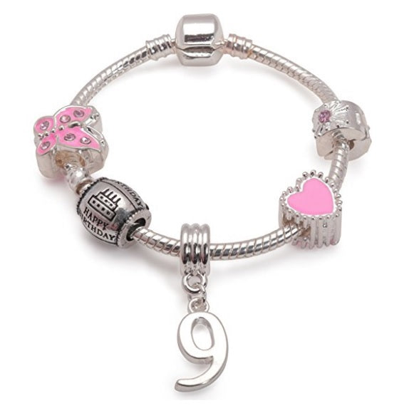 Children's Pink 'Happy 9th Birthday' Silver Plated Charm Bead Bracelet 6 11/16 / Silver