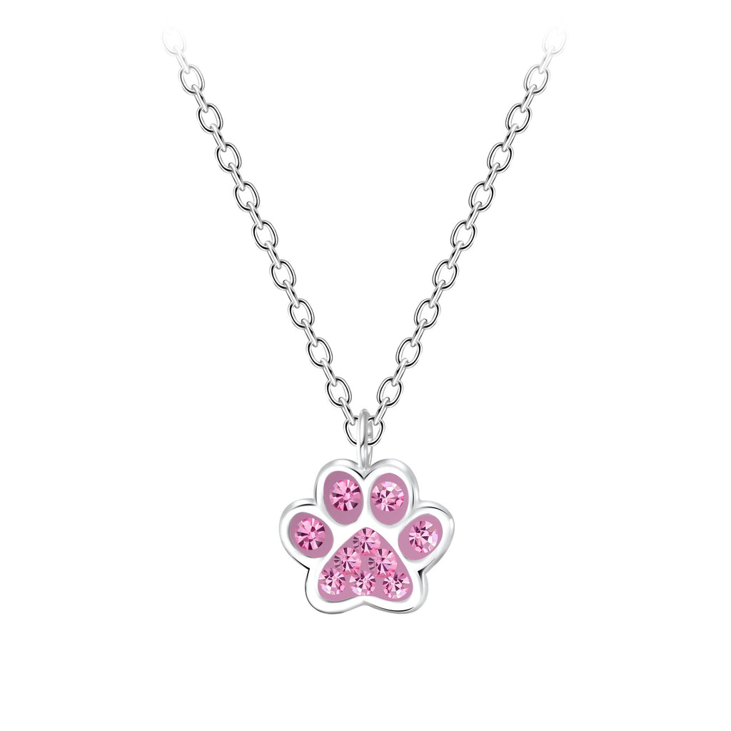 Children's Sterling Silver Pink Crystal Paw Pendant Necklace
